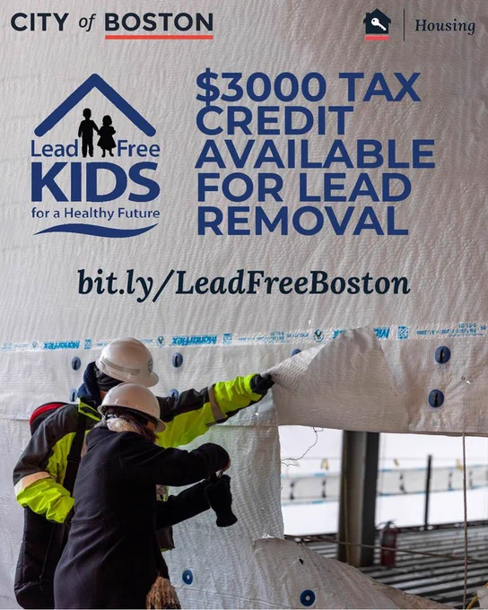 Two workers in safety gear removing building insulation as part of a lead removal project in Boston. With text $3,000 Tax Credit Available for Lead Removal. 