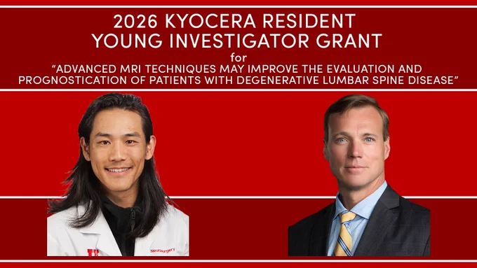 A U red background with darker red sections. The image reads "2026 Kyocera Resident Young Investigator Grant for 'Advanced MRI techniques may improve the evaluation and prognostication of patients with degenerative lumbar spine disease." Below the text is a photo of Dr. Zhang, on the left. He has mid-length black hair and is wearing a black shirt under his white coat. On the right is Dr. Mahan, who has short medium brown hair. He is wearing a light blue collared button-up with a dark suit coat and a yellow tie with blue diagonal strips.
