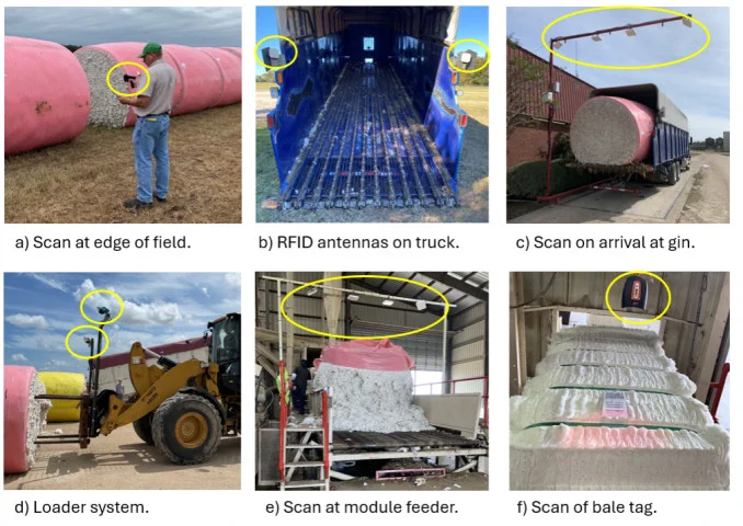Compilation showing farming with scanner, the back of a truck, a cotton bale on a truck at a gin, a loader moving a cotton bale, a cotton bale feeder, and a scanner scanning a bale tag.