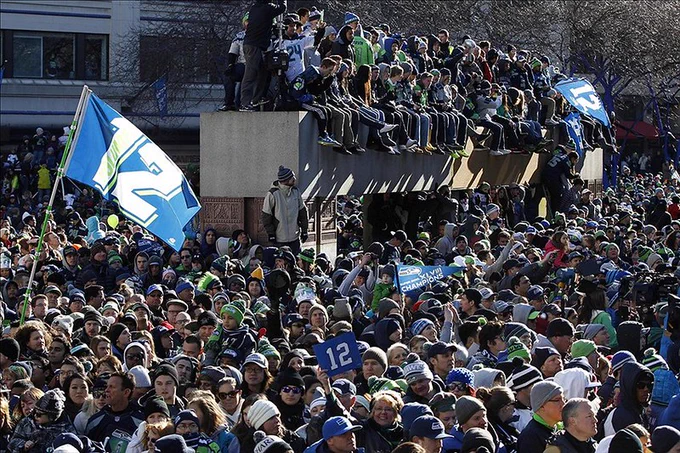2014 Victory Parade celebration at Westlake Park. That is a LOT of Seahawks fans.