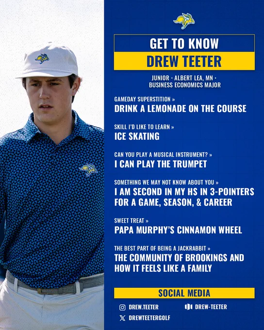 Get to know graphic featuring men’s golfer, Drew Teeter. Graphic includes an image of Teeter walking and looking serious. Text overlay introduces Teeter with the following information:

Drew Teeter, junior, Albert Lea, MN, Business Economics Major. 

Gameday Superstition: Drink a lemonade on the course. 

Skill I’d like to learn: Ice Skating

Can you play a musical instrument?: I can play the trumpet. 

Something we may not know about you: I am second in my HS in 3-pointers for a game, season, & career.

Sweet Treat: Papa Murphy’s cinnamon wheel

The best part of being a jackrabbit: The community of Brookings and how it feels like a family
