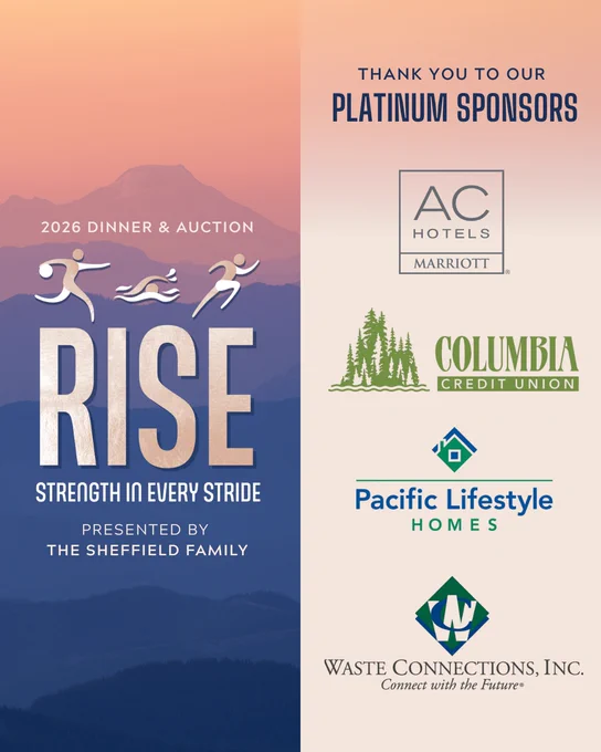 A graphic thanking sponsors of the upcoming 2026 Portland/Vancouver Rise Dinner & Auction, featuring presenting sponsor the Sheffield Family and sponsor logos for AC Hotels by Marriott, Columbia Credit Union, Pacific Lifestyle Homes, and Waste Connections, Inc.