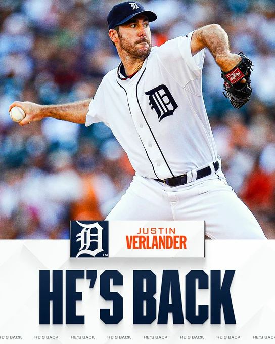 He's Back
Justin Verlander to the Detroit Tigers
Justin Verlander prepares to deliver a pitch while wearing a home white Detroit Tigers uniform and dark blue Detroit Tigers cap.