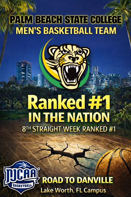 Alt text: Palm Beach State College Men's Basketball Team promotional poster featuring a roaring panther logo. Text highlights "Ranked #1 in the Nation" for 8 weeks. Background includes a city skyline, palm trees, and a cracked basketball court with a basketball. The NJCAA logo and "Road to Danville, Lake Worth, FL Campus" are also visible. The tone is celebratory and triumphant.