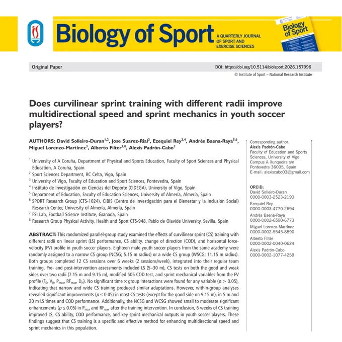 Solleiro-Duran D, Suarez-Rial J, Rey E, et al. Does curvilinear sprint training with different radii improve multidirectional speed and sprint mechanics in youth soccer players?. Biology of Sport. 2026;43(1):829-838. doi:10.5114/biolsport.2026.157996.