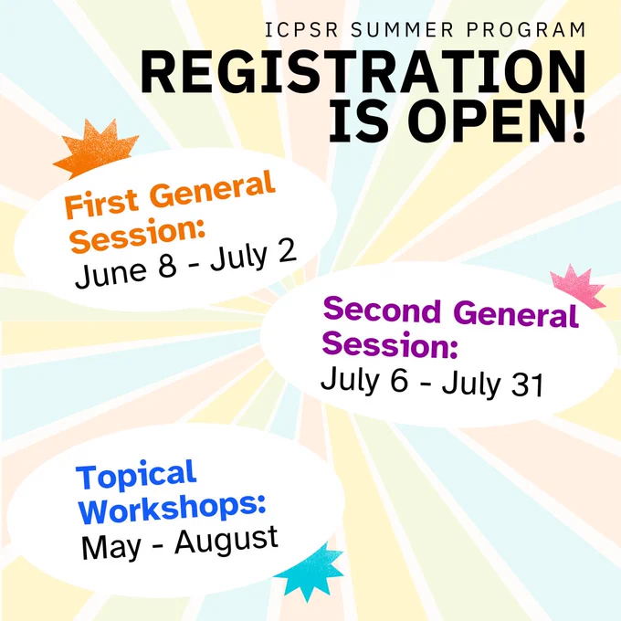ICPSR Summer Program registration is open with the First General Session from June 8 to July 2 and the Second General Session from July 6 to July 31, plus Topical Workshops from May to August.