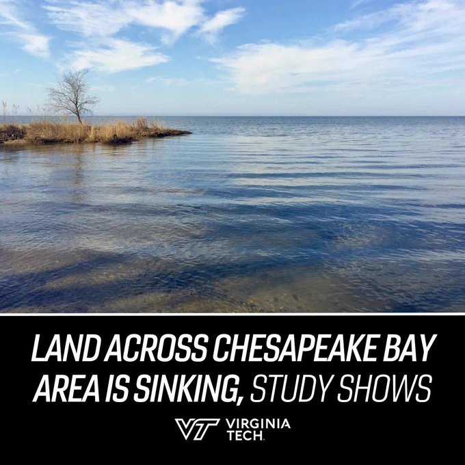A photo shows the Chesapeake Bay and reads, "Land across Chesapeake Bay area is sinking, study shows."