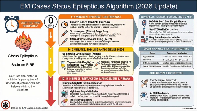 Convulsive status epilepticus is one of the most morbid neurologic emergencies we manage in the ED, and outcomes depend far more on speed than drug selection. Like ventricular fibrillation, each minute of ongoing convulsions worsens hypoxia, acidosis, cardiovascular instability, and neuronal injury, while making seizures progressively harder to terminate. Modern definitions are intentionally time-compressed to force early, parallel, clock-anchored action. Any patient still convulsing when you reach the bedside should be treated as evolving status epilepticus.

In this EM Cases podcast with Dr. Sara Gray, we take a practical, time-based approach to convulsive status epilepticus, focusing on early, adequately dosed benzodiazepines, avoiding common escalation and dosing pitfalls, anticipating post-ictal cardiovascular collapse, and knowing when to escalate to second-line agents, airway control, and anesthetic-dose therapy. 