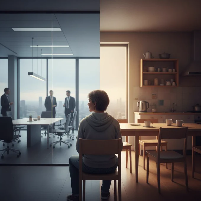 A thoughtful middle-aged person sits in the foreground at the boundary between two rooms: on the left, a modern, bright office floor high above the city with glass walls and a conference table; on the right, a simple, warm communal kitchen with a table, chairs and cups. The person is wearing neutral clothing and is only seen from behind or in half profile. The left half of the picture appears cool and businesslike, the right half warm and close to everyday life. In the centre of the picture, the two worlds blend softly - symbolising the transitions in life between the career stage and a simpler daily life.