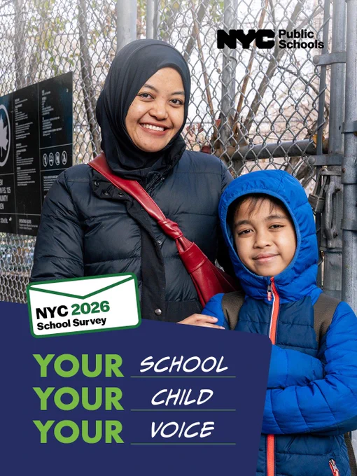 A parent and child dressed in winter jackets stand outside a school entrance, promoting the NYC 2026 School Survey. "Your School. Your Child. Your Voice."