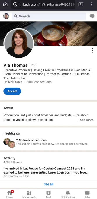 linkedin fake ai profile 

Kia Thomas · 2nd
Executive Producer | Driving Creative Excellence in Paid Media | From Concept to Conversion | Partner to Fortune 1000 Brands
True Interactive
United States · 500  connections

About
Production isn’t just about timelines and budgets — it’s about bringing vision to life with precision.

Highlights
2 Mutual connections
You and Kia Thomas both know Seb Sharpe and Laurel King

Activity
4,239 followers

I’ve arrived in Las Vegas for Geotab Connect 2026 and I’m excited to be here representing Lazer Logistics. If you love…

Kia Thomas liked this

See all