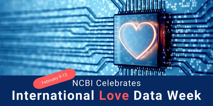 Lines and lights signaling electronic connectivity with a lit up red heart. Text says: NCBI Celebrates International Love Data Week February 9-13