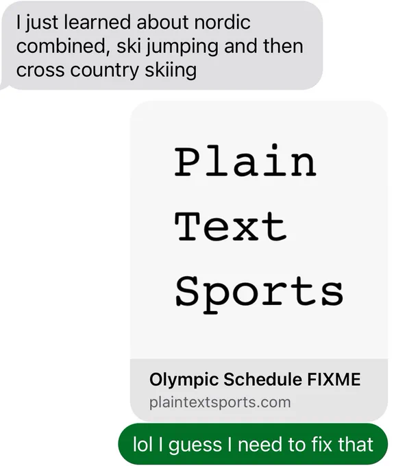 Screenshot of PTS preview in messages that has “Olympic Schedule FIXME” as the page name
