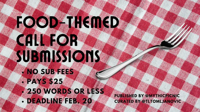 Food-Themed Call for Submissions. No sub fees. Pays $25. 250 words or less. Deadline Feb. 20. Ted and white checked picnic blanket with silver fork.