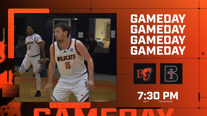 Baker men's basketball game day graphic for Feb. 11 featuring player Luke McDonald