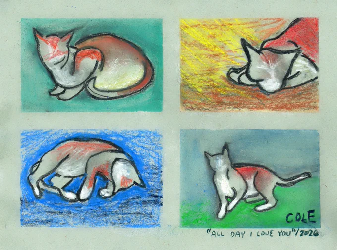 a colorful and muddied 4-panel illustration of an orange cat