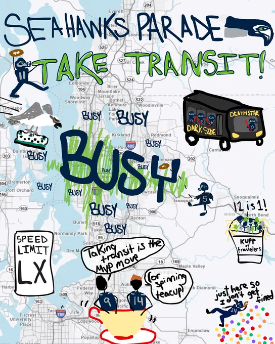 A map of the Seattle metro area that emphasizes just how BUSY BUSY BUSY the area will be for the SEahawks Victory Parade. The map is covered in Seahawks iconography and encourages travelers to take transit.
