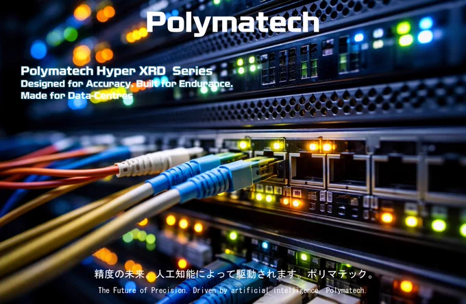 Close-up view of a high-end server rack in a data center, featuring the Polymatech Hyper XRD Series networking equipment with multiple colorful fiber optic cables (blue, orange, green, yellow) connected to glowing ports. The rack is illuminated with blue and green LED lights, emphasizing high-performance connectivity. Overlay text reads 'Polymatech Hyper XRD Series – Designed for Accuracy. Built for Endurance. Made for Data-Centres' along with multilingual slogans in English and Japanese about the future of precision driven by AI."
This alt text is descriptive, inclusive, and matches the image's visual elements (cables, ports, lighting, branding overlays) while highlighting key product messaging. Use it directly when uploading the image to X! If you're posting as @polymatech, this aligns perfectly with their branding focus on opto-semiconductors, data center solutions, and innovation.
