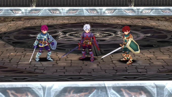 A screenshot of Ys vs. Trails in the Sky: Alternative Saga with 3 different Adols, with fuchsia, white, and maroon hair colors respectively.