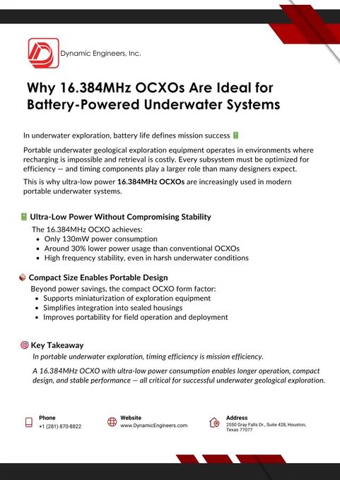 Graphic explaining why 16.384MHz OCXO oscillators are ideal for battery-powered underwater systems, highlighting low power consumption, high frequency stability, compact size, and suitability for portable geological and subsea exploration equipment.