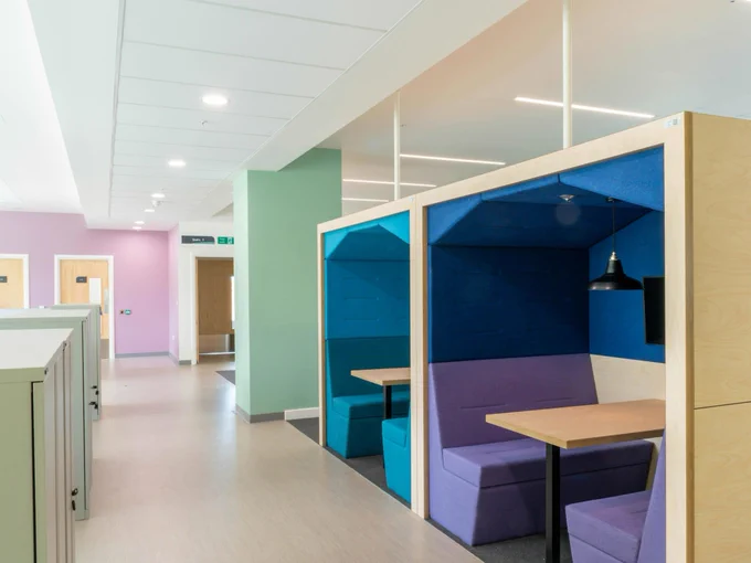 The calm interior office and communal space inside the Pears Maudsley Centre for Children and Young People.
