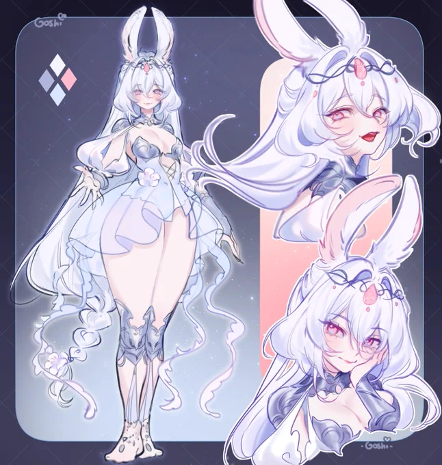 Art by @goshi_twt!

The image contains two portraits and one full-body depiction of a white-haired woman with leporine ears. She has pink eyes,  ̶m̶a̶r̶r̶e̶d̶ accented by blue, and long hair gathered into a loose braid. Her outfit consists of a few armored pieces and a bright gossamer négligée that splays over her hips in a pattern resembling a jellyfish. Her armor includes vambraces, a gorget, pauldrons, a brassiere, and poleyns; they are all made of an unspecified, dark metal adorned with filigree.

In each of the artist's sketches, she stares directly at the viewer with a smile that is largely welcoming but also unnerving, as though she knows something she knows something she knows something she knows something she knows something she knows something she knows something she knows something she knows something she knows something she knows something she knows something she knows < If anyone finds this message and cares about the fate of humanity, DO NOT LET HER LEAVE THE MOON. >