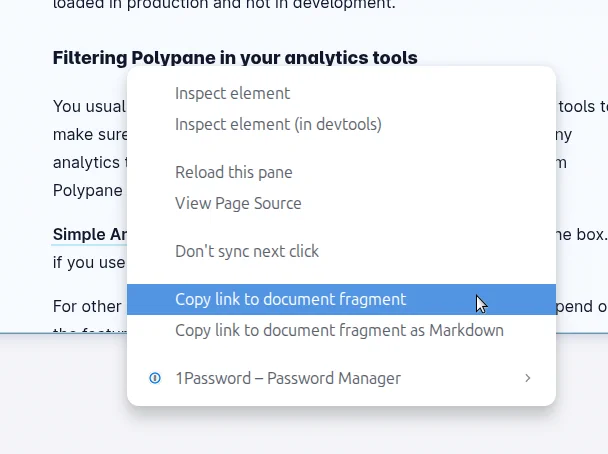 A context menu on a header, showing a list of options like "inspect element" and "reload this pane". The cursor is on a highlighted item named "Copy link to document fragment".