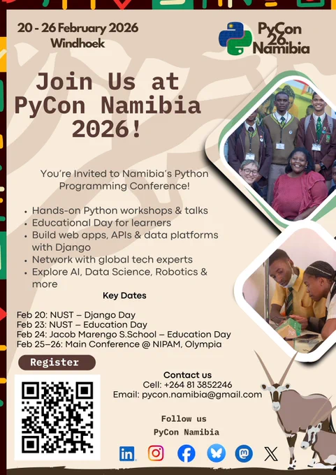 Announcement for PyCon Namibia 2026, featuring workshops, talks, and networking opportunities in programming and technology. Key dates provided.