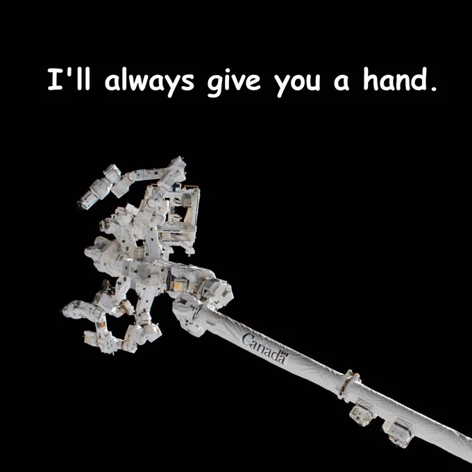 A robotic arm floating in space with the text: “I’ll always give you a hand.” 