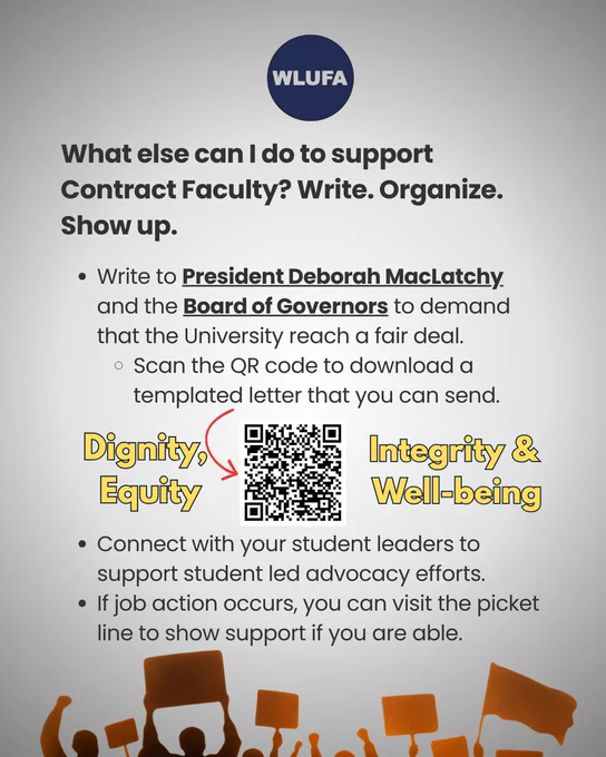 a graphic of text that says "WLUFA What else can I do to support Contract ContractFacul Faculty? Write.Organize. Write. Show up. Write to President Deborah MacLatchy and the Board of Governors to demand that the University reach α fair deal. Scan the QR code to download a templated letter that you can send. Integrity & Well-being Dignity, Equity •Connect with your student leaders to support student led advocacy efforts. If job action occurs, you can visit the picket line to show support if you are able."