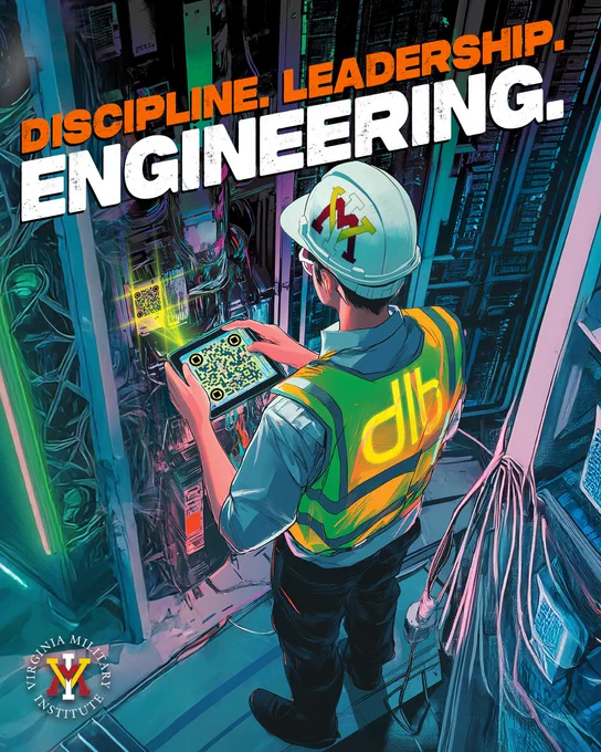 Illustrated recruiting graphic featuring a field engineer inside a data center aisle scanning a QR code on a server rack using a tablet. The engineer wears a hard hat with the VMI logo and a high visibility vest with a glowing DLB logo. Bold headline text reads “Discipline. Leadership. Engineering.” The Virginia Military Institute seal appears in the corner, highlighting DLB campus engagement with VMI engineering students.