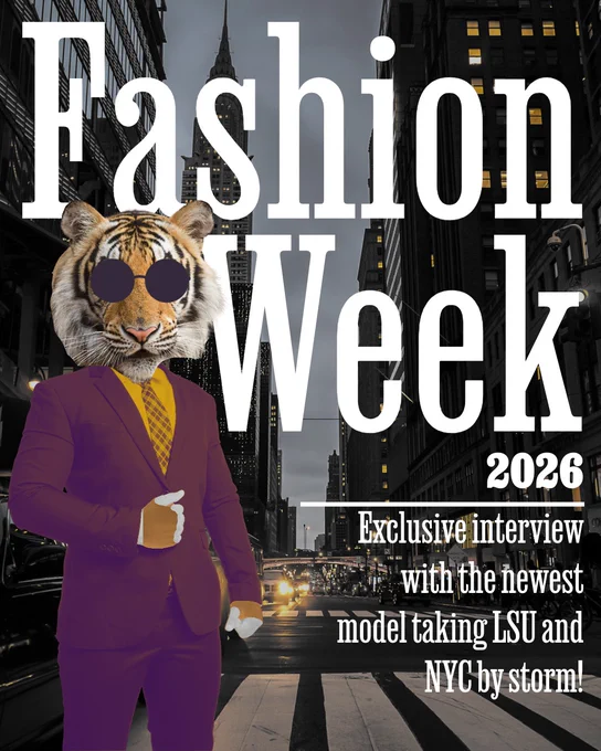 Tiger-headed figure in a purple suit and sunglasses stands confidently on a New York City street at dusk for Fashion Week 2026 cover.
