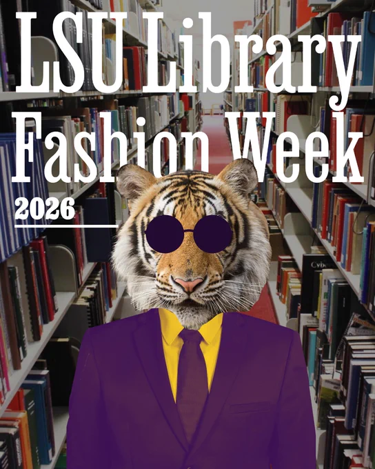 Tiger wearing round sunglasses and a purple suit with a yellow shirt stands in a library aisle filled with books for LSU Library Fashion Week 2026.