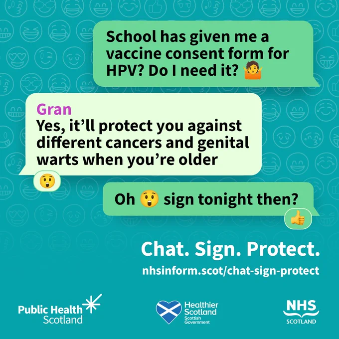 Text message conversation about HPV vaccine consent form and its protection against cancers and genital warts, promoting NHS Scotland's Chat. Sign. Protect. campaign.