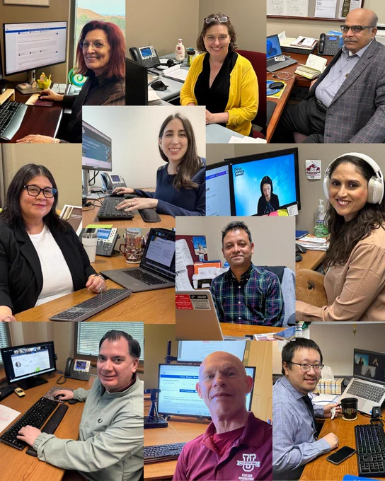 Collage of TAMIU faculty and staff seated at desks in their offices, smiling and working on desktop computers and laptops while participating in the Texas Higher Education Coordinating Board’s Digital Learning Summit virtual webinar sessions.