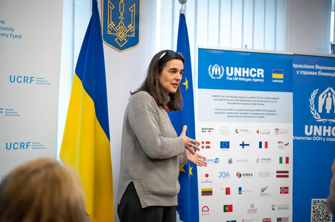 Bernadette Castel-Hollingsworth, UNHCR Representative in Ukraine, speaks at the inauguration of the rehabilitated community hub in Zavodske, Mykolaiv Oblast.