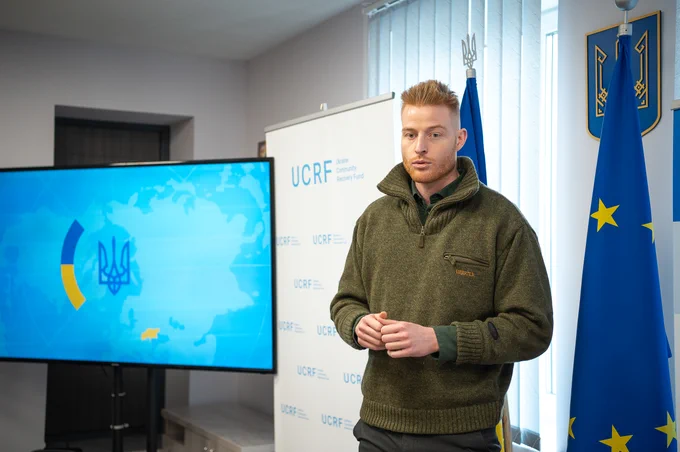Jakob Torrild Hansen, Head of the Danish Embassy Office in Mykolaiv, speaks during the opening of the rehabilitated community hub in Zavodske, Mykolaiv Oblast, supported through the Ukraine Community Recovery Fund.