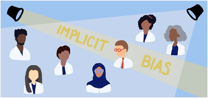Diverse group of professionals under spotlights highlighting the phrase 'Implicit Bias' in a blue background.
