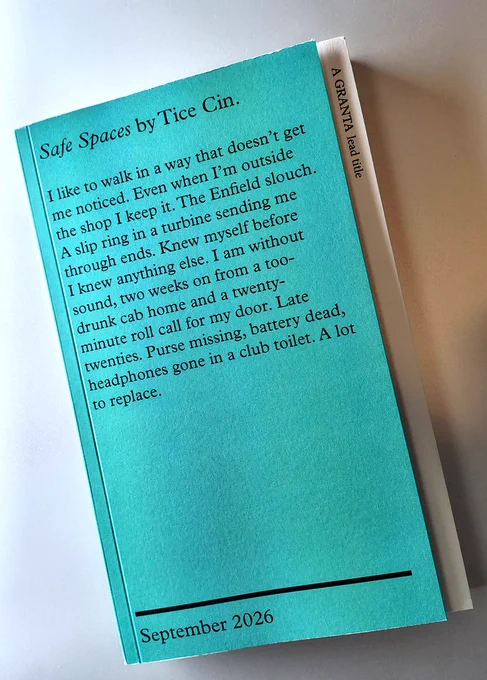 Cover of a proof of Tice Cin's new novel, SAFE SPACES, coming in September from Granta.