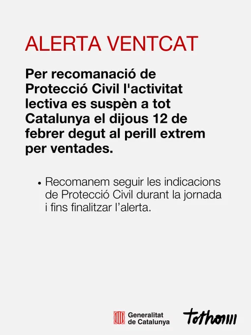 Una imatge d'alerta Ventcat que avisa del perill per ventades fortes i que per recomanació de protecció civil l'activitat educativa es suspèn a tot Catalunya el dijous 12 de febrer.