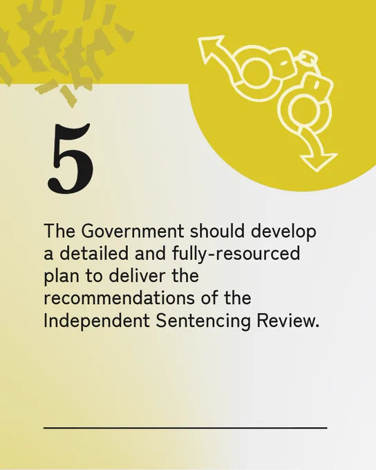 Black text on a light background reading: "5. The Government should develop a detailed and fully-resourced plan to deliver the recommendations of the Independent Sentencing Review." Icon in the top right representing handcuffs with arrows pointing outwards.
