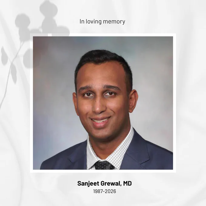 Memorial graphic reading “In loving memory” above a professional headshot of Sanjeet Grewal, MD, with the dates 1987–2026 displayed below his name.