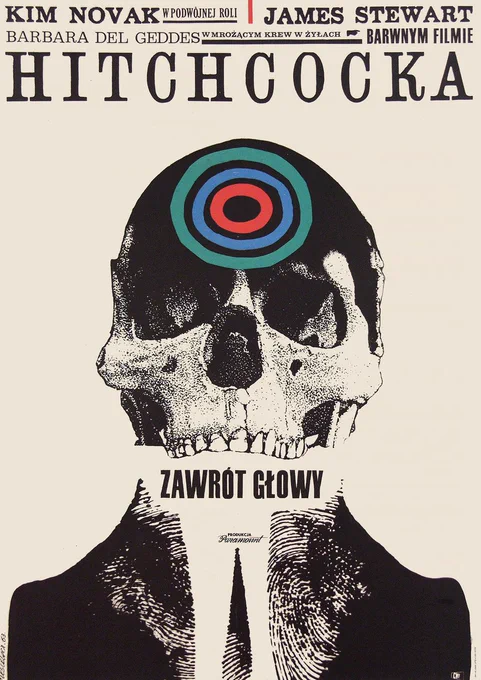 Polish poster art for Alfred Hitchcock’s VERTIGO/ZAWRÓT GŁOWY (1958) from 1963.

Art by Roman Cieslewicz (1930-1996)