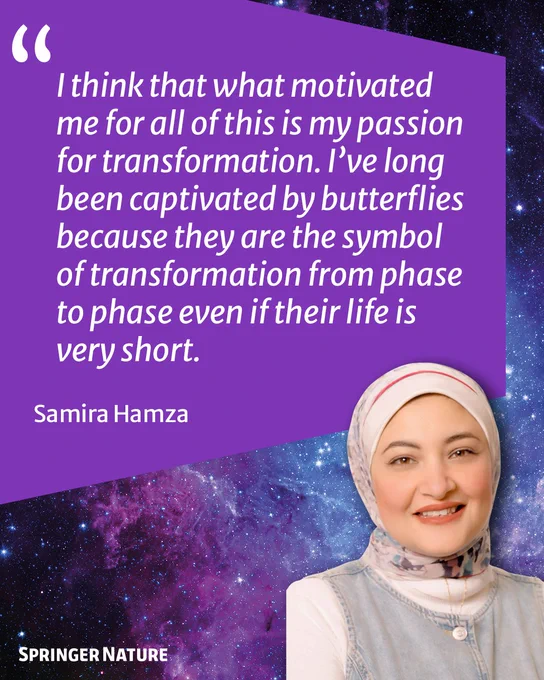 Quote: \"I think that what motivated me for all of this is my passion for transformation. I've long been captivated by butterflies because they are the symbol of transformation from phase to phase even if their life is very short.\" - Samira Hamza. Photo of her on the bottom right. 