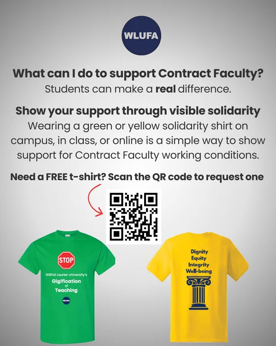 a graphic of text that says "WLUFA What can I do to support Contract Faculty? Students can make a real difference. Show your support through visible solidarity Wearing a green or yellow solidarity shirt on campus, in class, or online is a simple way to show support for Contract Faculty working conditions. Need a FREE t-shirt? Scan the QR code to request one STOP Wilfrid Laurier University's Gigification of Teaching - Dignity Equity Integrity Well-being" A QR code and a green and yellow t-shirt