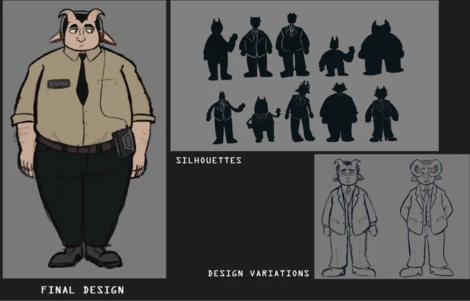 A character design sheet showing a figure with horns wearing a uniform in the 'Final Design' section. Includes silhouette variations and two alternative designs, featuring a suited figure with horn variations, labeled 'Silhouettes' and 'Design Variations' respectively.