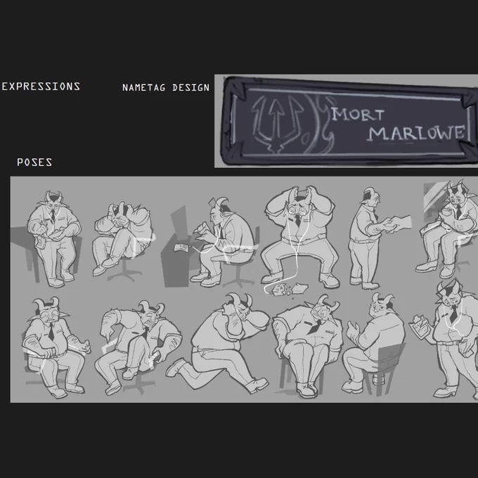 This image is a character design sheet for "Mort Marlowe." It includes sketches of various expressions such as bored, shocked, and nervous, along with a series of poses featuring activities like sitting, talking, and holding a phone. The design also features a nameplate illustration for "Mort Marlowe."