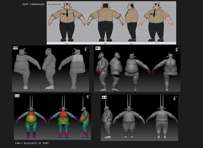 This image features character design concepts labeled "Mort Turnaround" and "Early Blockouts of Mort." The top section shows detailed front, back, side, and three-quarter views of a character in a beige shirt and black tie. The lower sections display grayscale and colorful 3D models of the character in similar poses.
