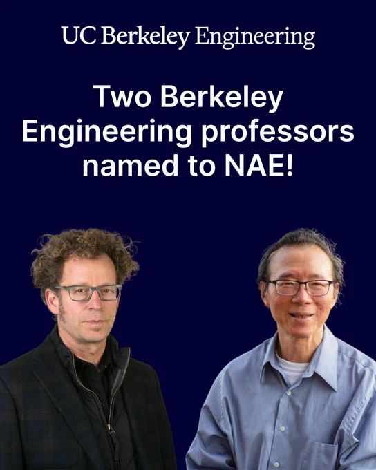 Text: “Two Berkeley Engineering professors named to NAE!” Transparent headshots of Goldberg and Lau. (Courtesy)
