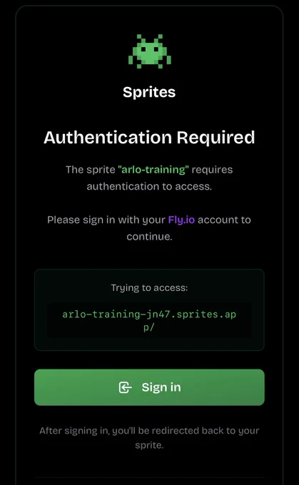 A log in screen for a private Sprite for the app "arlo-training"